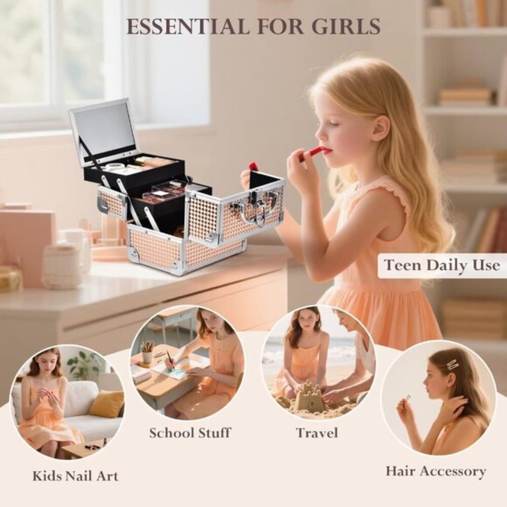 New Rose Gold Kids Makeup Train Case, Lockable Box with Mirror for Travel Use - Picture 5 of 10